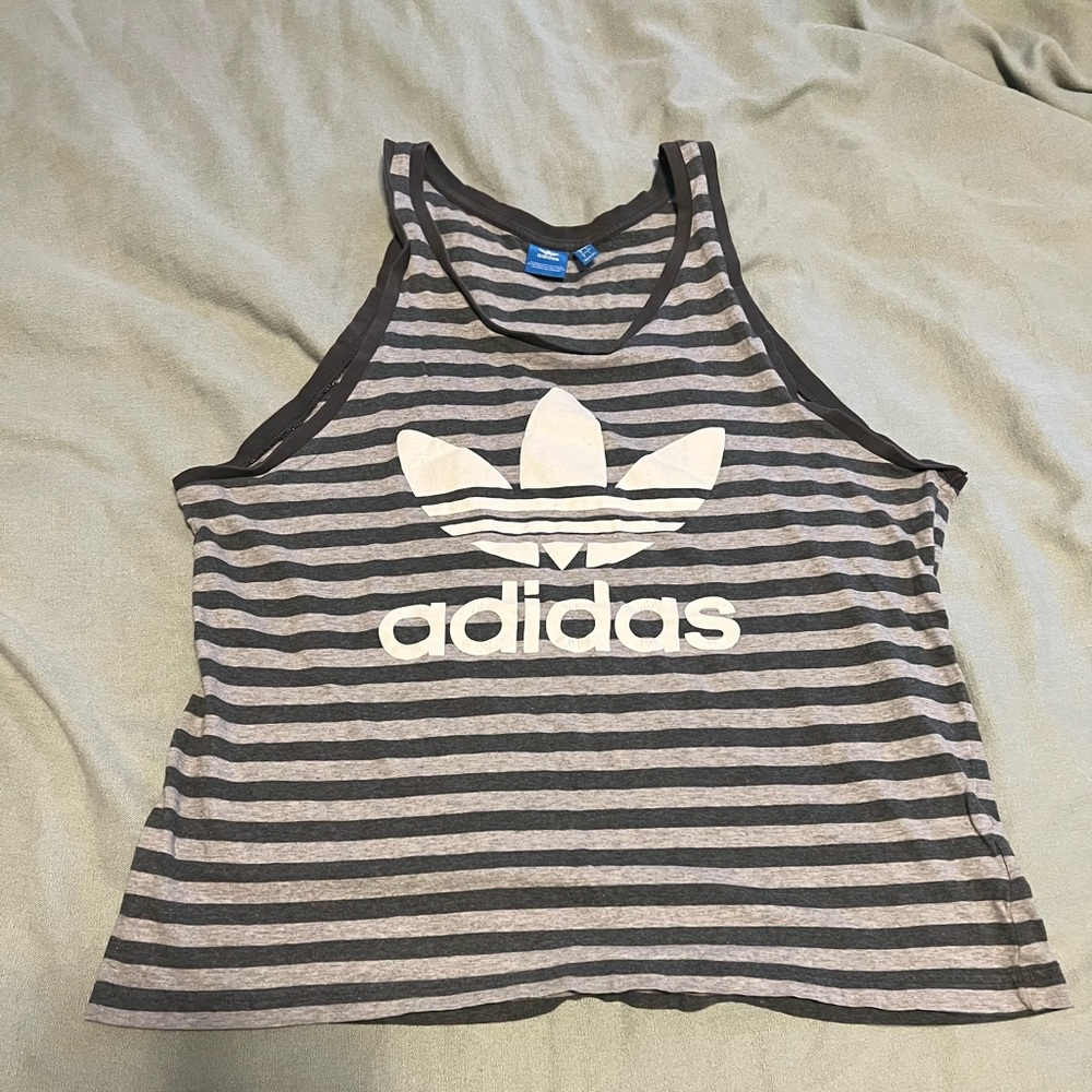 Adidas Gray and Black Striped Tank Top